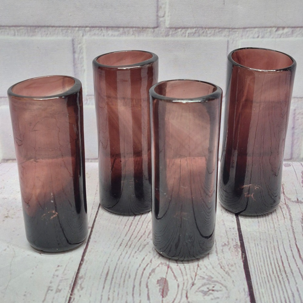 Vintage Amethyst Purple Hand Blown Glass Bud Vases Shot Glasses Set of 4 4in